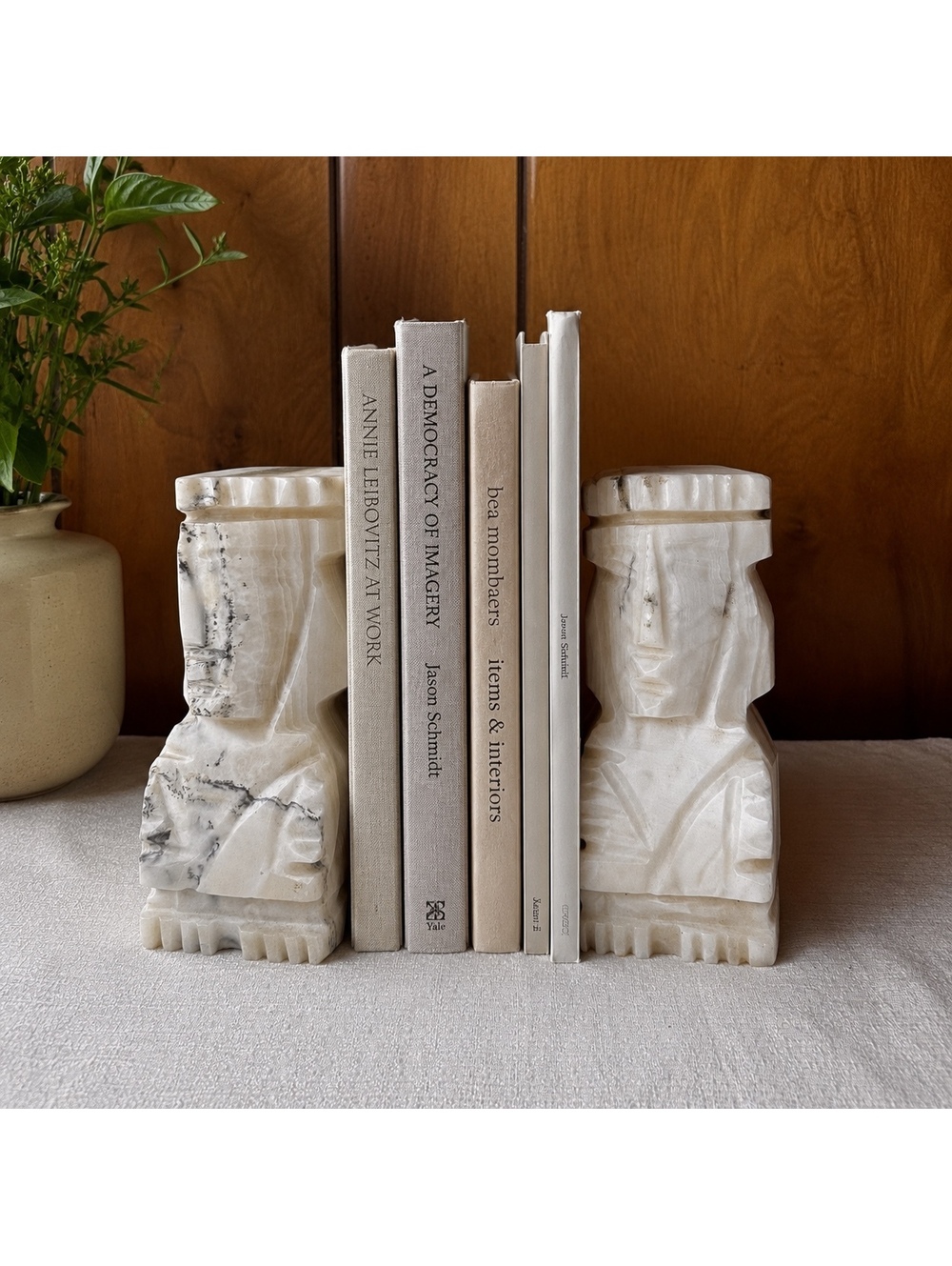 Vintage Carved White Marble Egyptian King Face Bookends Pair 6.5 Inch Tall